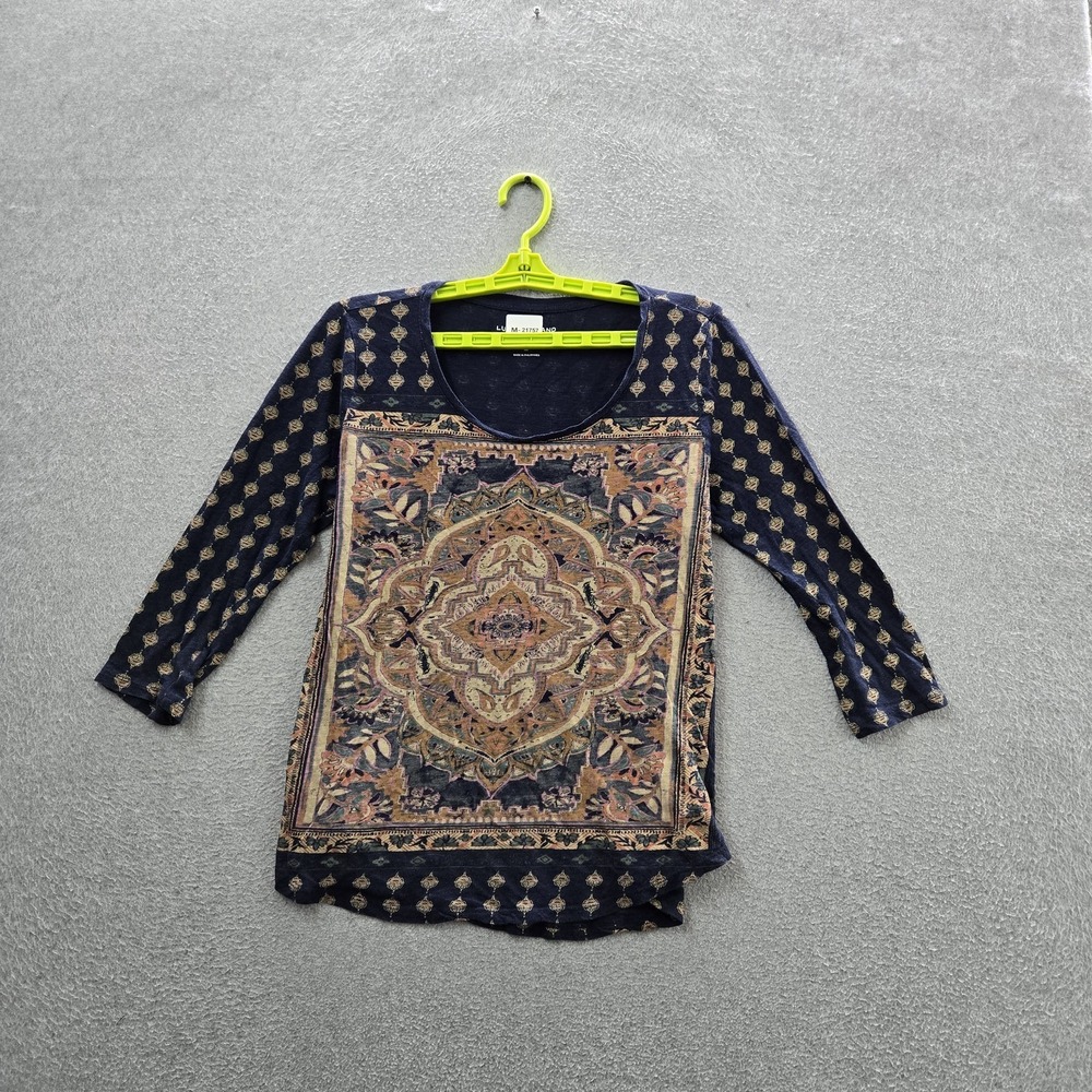 Lucky‎ Brand Women Shirt M Navy Geometric Boho Scoop Neck Pullover